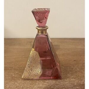 VTG Cranberry Pink Glass Pyramid Perfume Vanity Bottle Gold Flake Art Deco Style